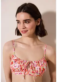 Sutien de baie cu model floral si decupaj - Rosu/Alb/Roz