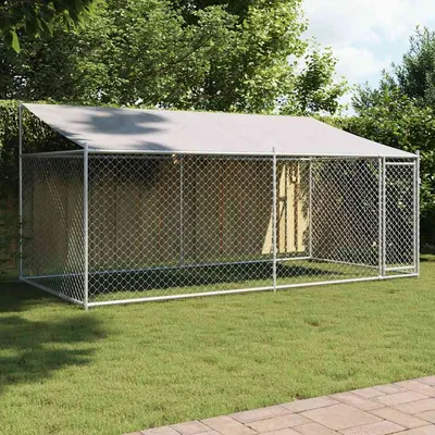 vidaXL Cușcă câini cu acoperiș și uși, gri, 4x2x2 m, oțel galvanizat
