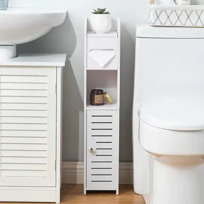 Dulap slim pentru baie cu suport hartie si 3 polite depozitare, alb, 80 cm x 17 cm x 15 cm