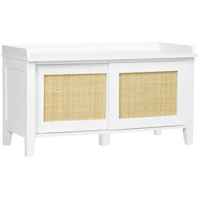 HOMCOM Banc de pantofi mobilier de depozitare cu ușă glisantă și fațade din răchită împletită 80 x 35 x 45 cm alb | Aosom Romania