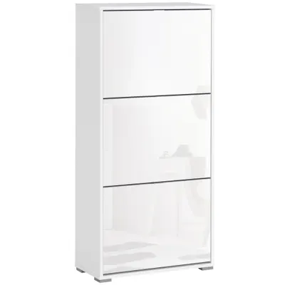 HOMCOM Dulap de Pantofi Dulap de pantofi cu 3 uși rabatabile 3 Compartimente din lemn 60L x 26l x 124Î cm Alb lucios | Aosom Romania