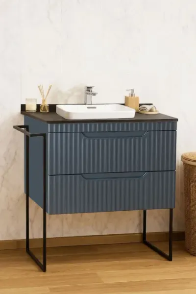 Set Baza front MDF si Lavoar seria 633, cu sertare, cadru metalic, montat, 80 cm, antracit