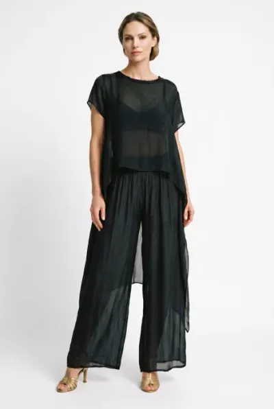 Bluza dama eleganta din matase si vascoza, asimetrica, vaporoasa, neagra