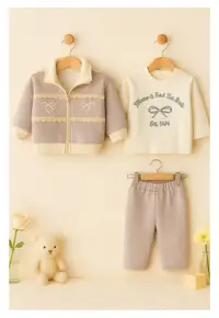 Costumas bebelusi 3 piese crem-gri cu dantela si fundite – set elegant si confortabil