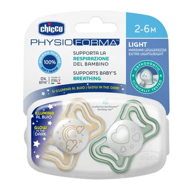 Suzeta Chicco PhysioForma Light Glow, 2bucati, unisex, 2-6luni