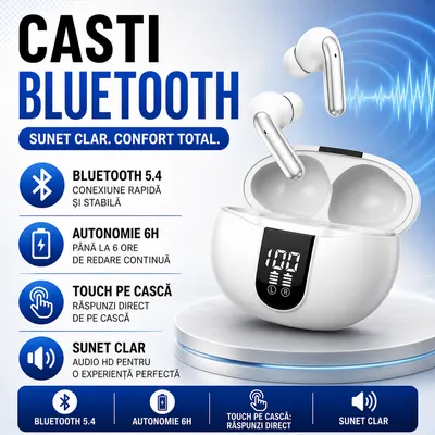 Casti Bluetooth 5.4, Baterie Statie 300mAh, StandBy 180H, Touch pe Casti, Respingere/Raspundere Apel VNC-320, Alb