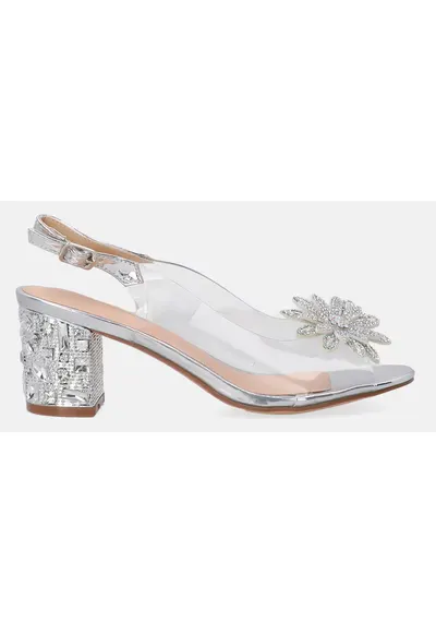 Sandale cu toc si ornament floare din cristale