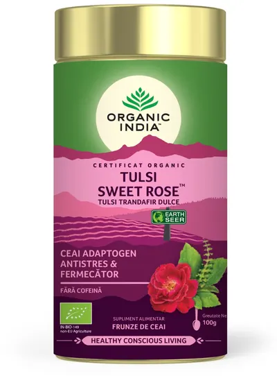 Ceai Tulsi Trandafir Dulce Antistres, 100g, Organic India