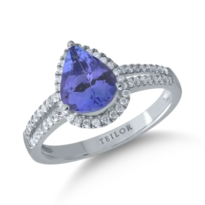 Inel din aur alb cu tanzanit pear de 1.6ct si diamante de 0.2ct