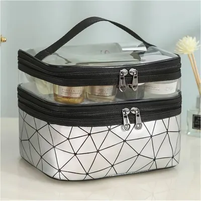 Geantă pentru cosmetice, pliabilă, 2 compartimente, model geometric, argintiu, 9x23x15,5 cm, eCarla, KS35WZ4