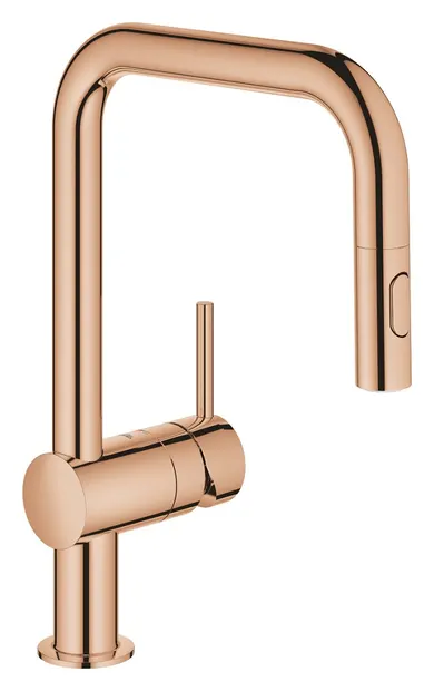 Baterie bucatarie Grohe Minta 32322DL2, 3/8, monocomanda, pipa inalta, tip C, dus extractabil, pivotanta, mat, Warm Sunset