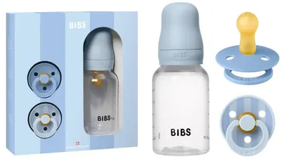 Set cadou BIBS - Baby Sprinkle, sticlă, 150 ml + 2 suzete, 0-6 luni, Baby Blue