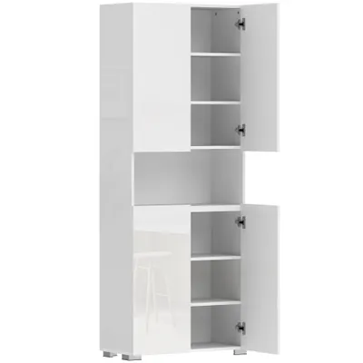 HOMCOM Dulap Bucătărie Înalt 180cm, Mobilier Depozitare cu Uși Soft-Close, Raft Deschis, 2 Dulapuri, Rafturi Ajustabile, Stil Modern pentru Sufragerie sau Bucătărie, Alb Lucios | Aosom Romania