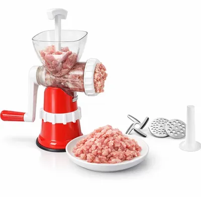 Tocător Carne Manual 24x15 cm din Plastic, cu Bază Antialunecare și Accesorii pentru Tocare și Umplere Cârnați, Diferite Culori