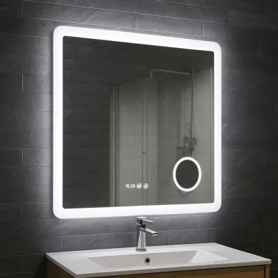 Oglinda cu iluminare LED, functie dezaburire, ceas, termometru si lupa, MD5, 80x80 cm