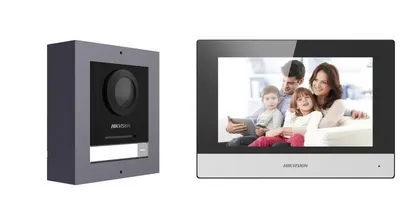 Kit videointercom IP Hikvision DS-KIS602(B), contine: DS-KD8003- IME1(B)/Surface × 1, DS-KH6320-WTE1 × 1, 4-port standard PoE sw