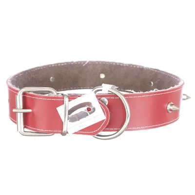 Zgarda din piele, rosie, cu ornamente colti metalici, 4 cm x 65 cm