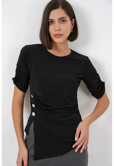 Top dama - Negru - Guler rotund - Nasturi