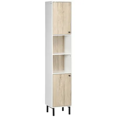 kleankin Coloană de Baie cu 6 Compartimente pentru Duș Toaletă Dormitor Stil Modern 31,5x30x169 cm Alb și Lemn de Stejar | Aosom Romania