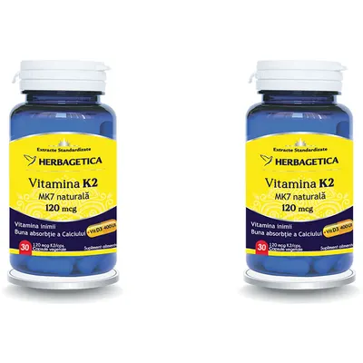 Pachet Vitamina K2 MK7 Naturala 120mcg 30cps + 30cps (50% reducere la al doilea produs)