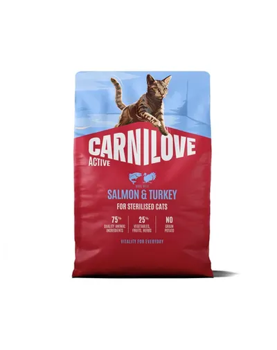 Hrană pisici sterilizate 2 kg CARNILOVE Active Cat Salmon and Turkey Sterilised, cu somon și curcan