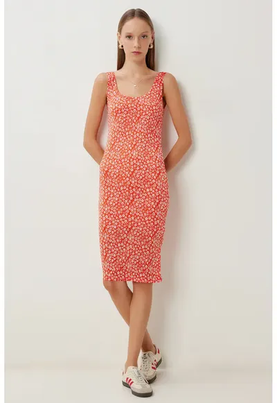Rochie Midi - Happiness Istanbul - Imprimeu Floral - Portocalie - Tricot - Portocaliu deschis