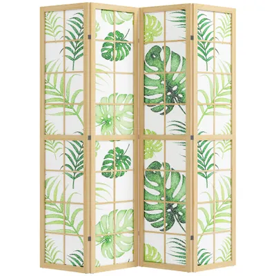 HOMCOM Separator de cameră 4 piese, pliabil, design boho, motiv tropical, separator independent, cadru din lemn, verde | Aosom Romania