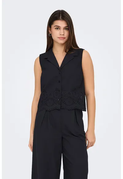 Camasa cu broderie - fara maneci - Negru