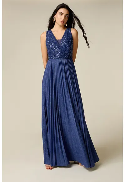 Rochie maxi cu pliuri si aspect stralucitor - Bleumarin