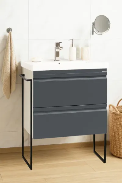Set Baza front MDF si Lavoar seria 786, cadru metalic, sertare, 60 cm, antracit