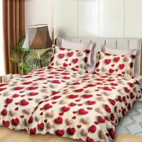 Lenjerie de Pat, 7 Piese, Bumbac Satinat Superior, cu 2 Pilote, Crem, inimioare