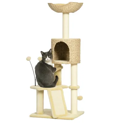 PawHut Arbre à chat înălțime 116 cm casetă coș platforme pompoane din pluș și iasomie de apă - bej | Aosom Romania