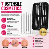 Trusa 7 instrumente din inox, pentru cosmetica, extractia comedoanelor si a punctelor negre, trusa depozitare negra