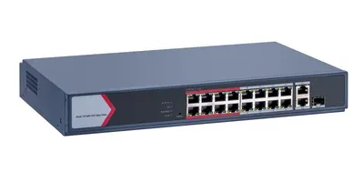 Switch PoE Hikvision DS-3E1318P-EI/M: 16 × 10/100 Mbps PoE port,1 × Gigabit combo,1 × Gigabit RJ45 port, 16 porturi PoE maxim 30