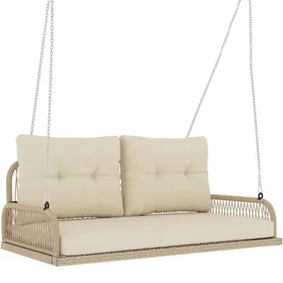 Outsunny Balansoar Hollywood 2 locuri din ratan, leagăn de grădină cu perne și lanțuri, până la 240 kg 115 x 66 x 44 cm Bej | Aosom Romania