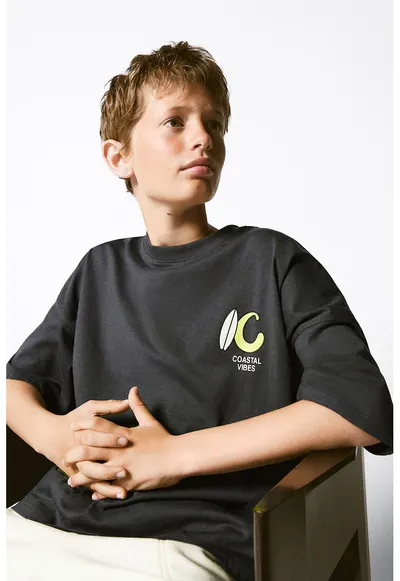 Tricou supradimensionat de bumbac cu imprimeu - Gri inchis