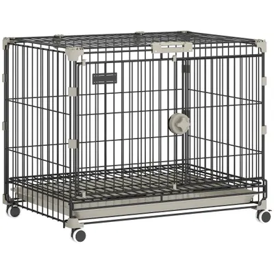 PawHut Cușcă pliabilă pentru câini, Tavă detașabilă, Roți cu frâne, Acoperiș rabatabil, Ușă pentru hrănire, 60,5x45,5x54,5cm, Negru | Aosom Romania