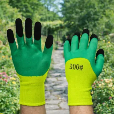 Manusi de lucru textil/cauciucat de gradina, tricot latex, marime universala, galeben, verde, negru