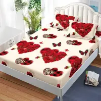 Cearsaf cu Elastic, Bumbac Satinat, 160x200 cm + 2 Fete de Perna 50x70 cm, Alb, inimi trandafiri