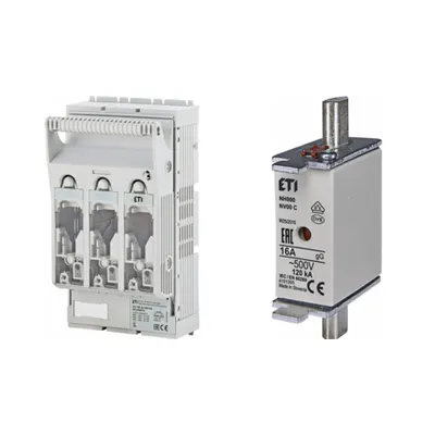 Pachet Protectie Circuit Trifazat: Soclu Siguranta Fuzibila NH00 3P (M8/M8), Siguranta Fuzibila NH000 gG 16A 500V