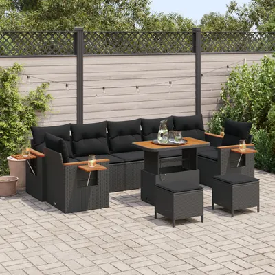 Set de sofa de gradina Gossi cu 10 piese cu perne ratan poly negru acacia, set de dining de gradina Gossi cu 3 piese cu perne ratan poly negru acacia