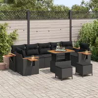 Set de sofa de gradina Gossi cu 10 piese cu perne ratan poly negru acacia, set de dining de gradina Gossi cu 3 piese cu perne ratan poly negru acacia