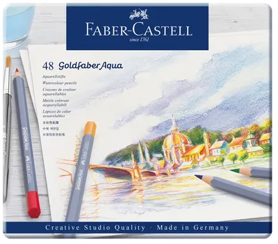 Creioane acuarelabile Faber-Castell Goldfaber Aqua - 48 culori, în cutie metalică