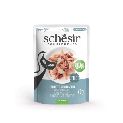 SCHESIR Complementary In Jelly, Pui și Merluciu, plic hrană umedă pisici, (în aspic), 70g
