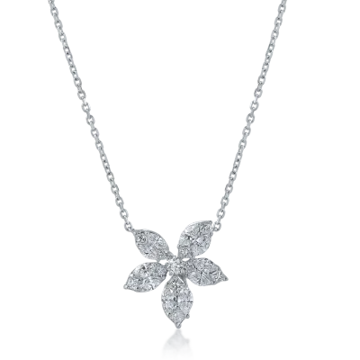 Lant cu pandantiv floare din aur alb cu diamante princess, marquise si rotunde de 0.86ct