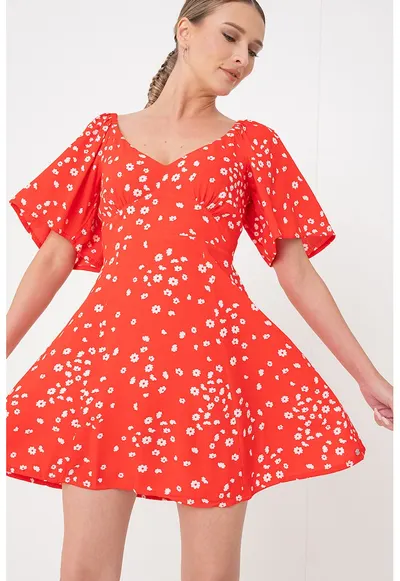 69482 Rochie vaporoasa cu model floral Island Escape - Alb/Rosu vermillion