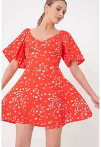 69482 Rochie vaporoasa cu model floral Island Escape - Alb/Rosu vermillion