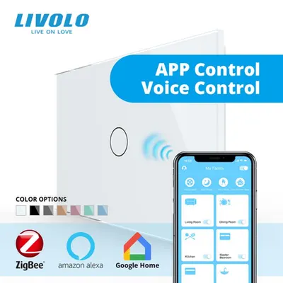 Intrerupator simplu, standard italian, wireless Protocol Zigbee, cu panou sticla, 3M Alb