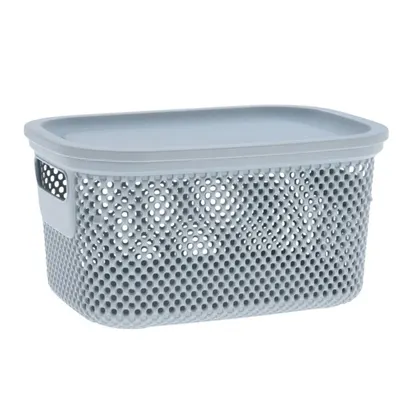 Coș depozitare cu capac din plastic perforat, Storage Solutions, gri deschis