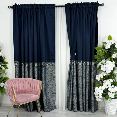 Set 2 Draperii Royal, Satinata, Texturata, Bleumarin cu Gri, 140cm latime x 260cm inaltime, cu tiv lat pt bara